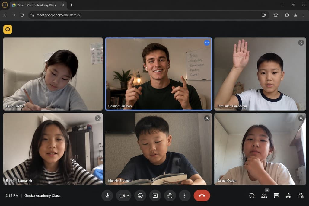 A live Gecko English class with students and an American teacher