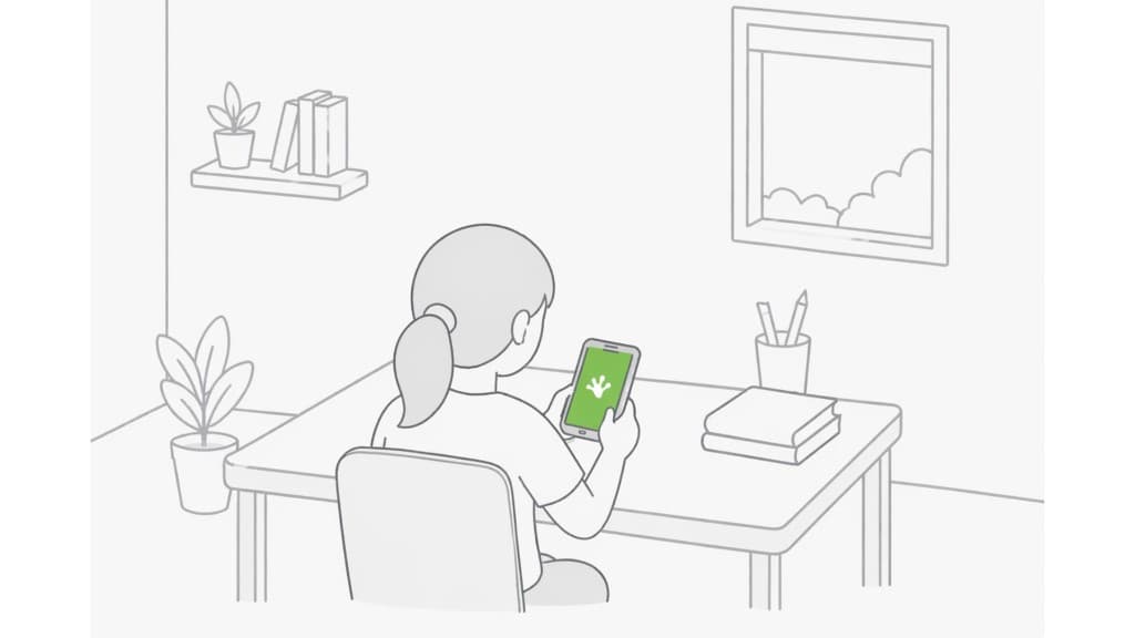 Illustration: student at a home desk learning on a phone showing the Gecko app
