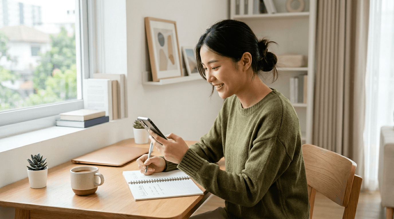 Student learning from home on a personal mobile device at a desk