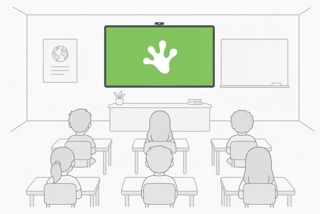 Classroom diagram: students facing a shared screen at the front with a Gecko lesson displayed.