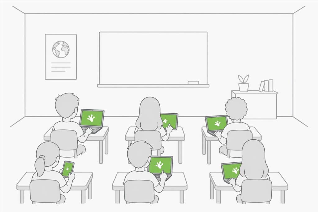 Classroom diagram: each student at their desk using their own device with Gecko on screen.