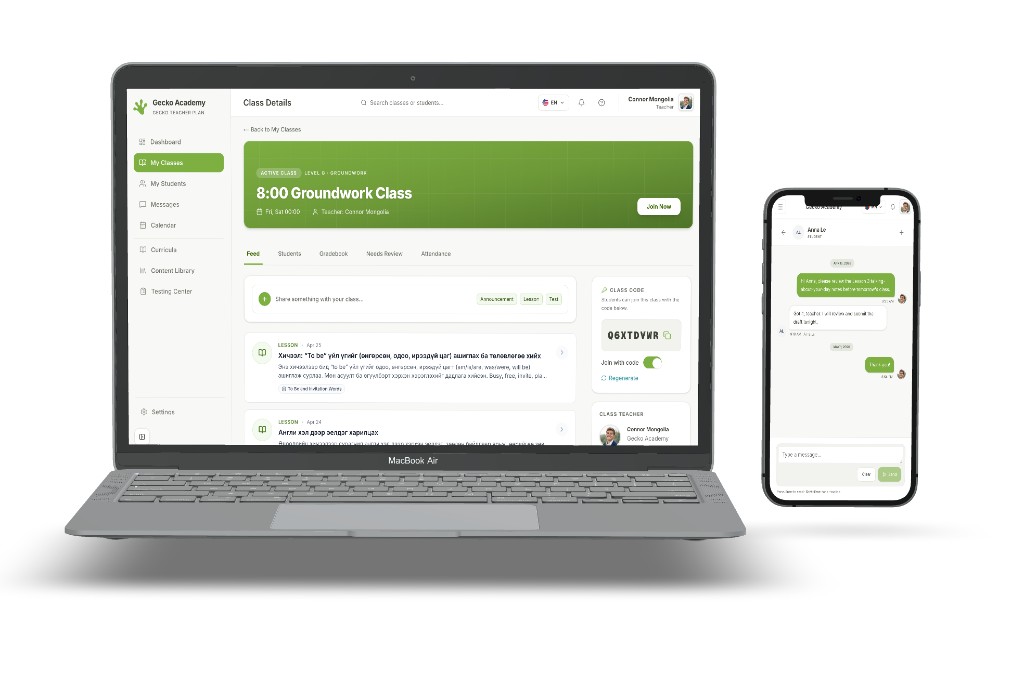 Gecko Academy courses and chat on laptop, desktop, tablet, and phone