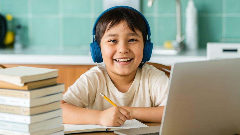 Student with headphones smiling while learning English online at home